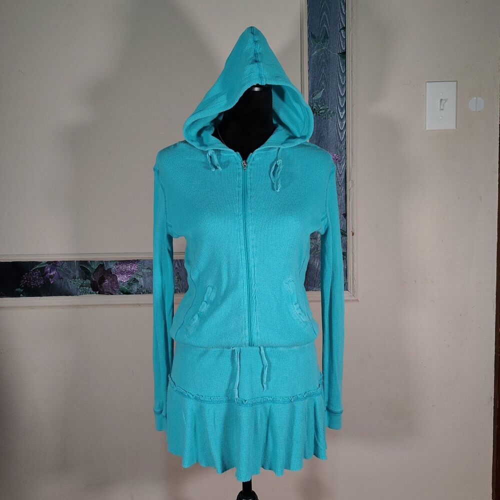 VTG Y2K Teal Indie Sleaze 2pc Mini Skirt + Hoodie Wet Seal/T519